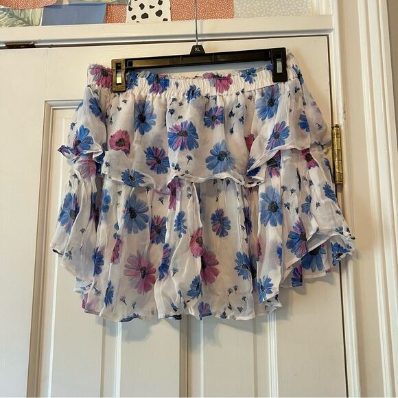 LoveShackFancy Flower Pattern Ruffle Mini Skirt in Deep Cotton Candy - Picture 3 of 8